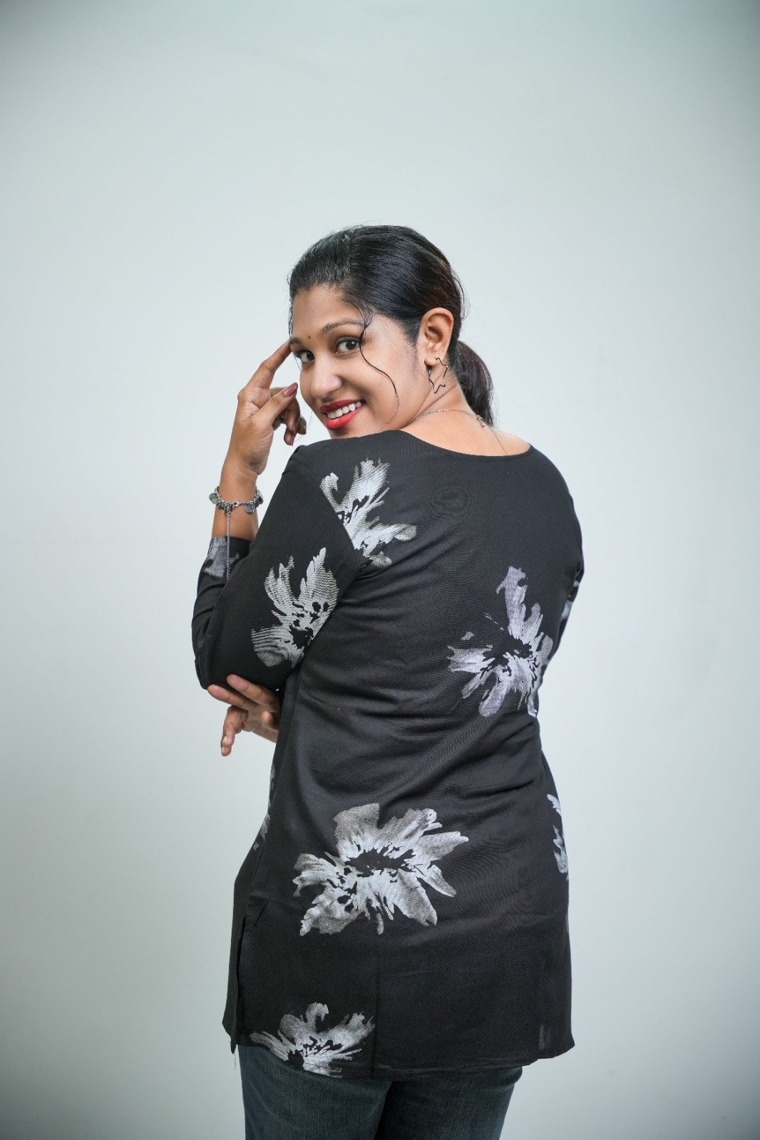 Midnight Bloom Floral Printed Short Cotton-Blend Kurti